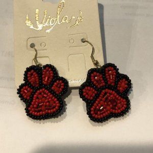 Red & Black Paw Print Beaded Earrings